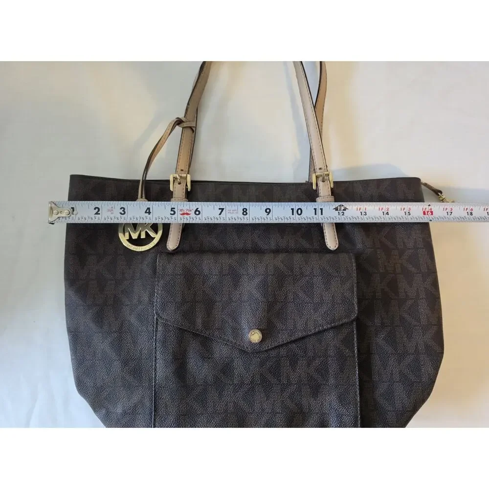Michael Kors Jet Set Travel Signature Brown PVC Tote Shoulder Bag Front Pocket
